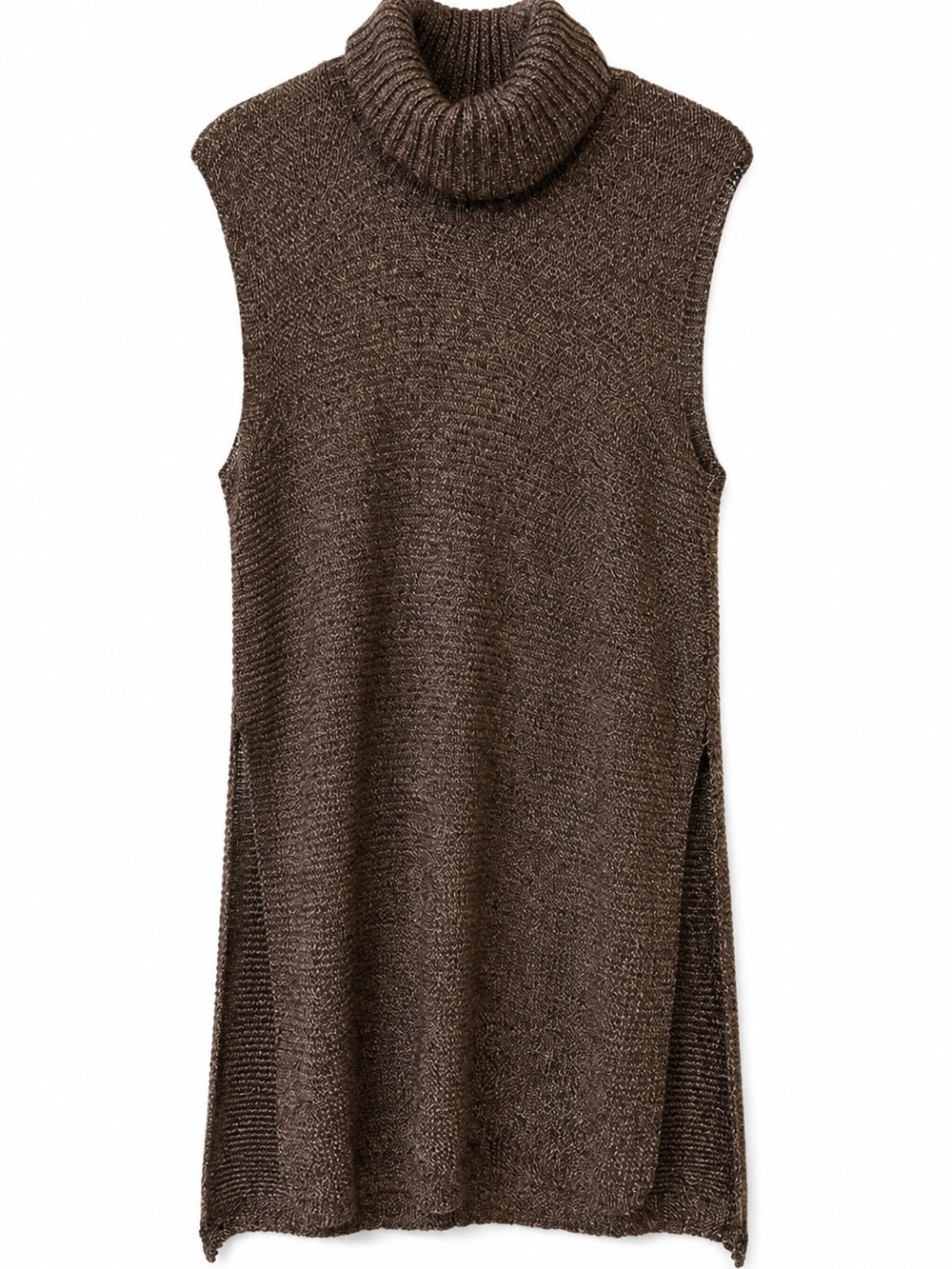 European Metallic Bronze Open Side Knit Turtleneck Tunic Vest unique